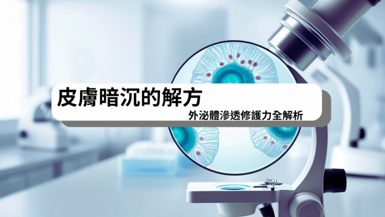 女性膚色暗沉對照圖，結合細胞修復示意與外泌體滲透原理，強調從肌底改善膚況、提亮肌膚的科學保養解方