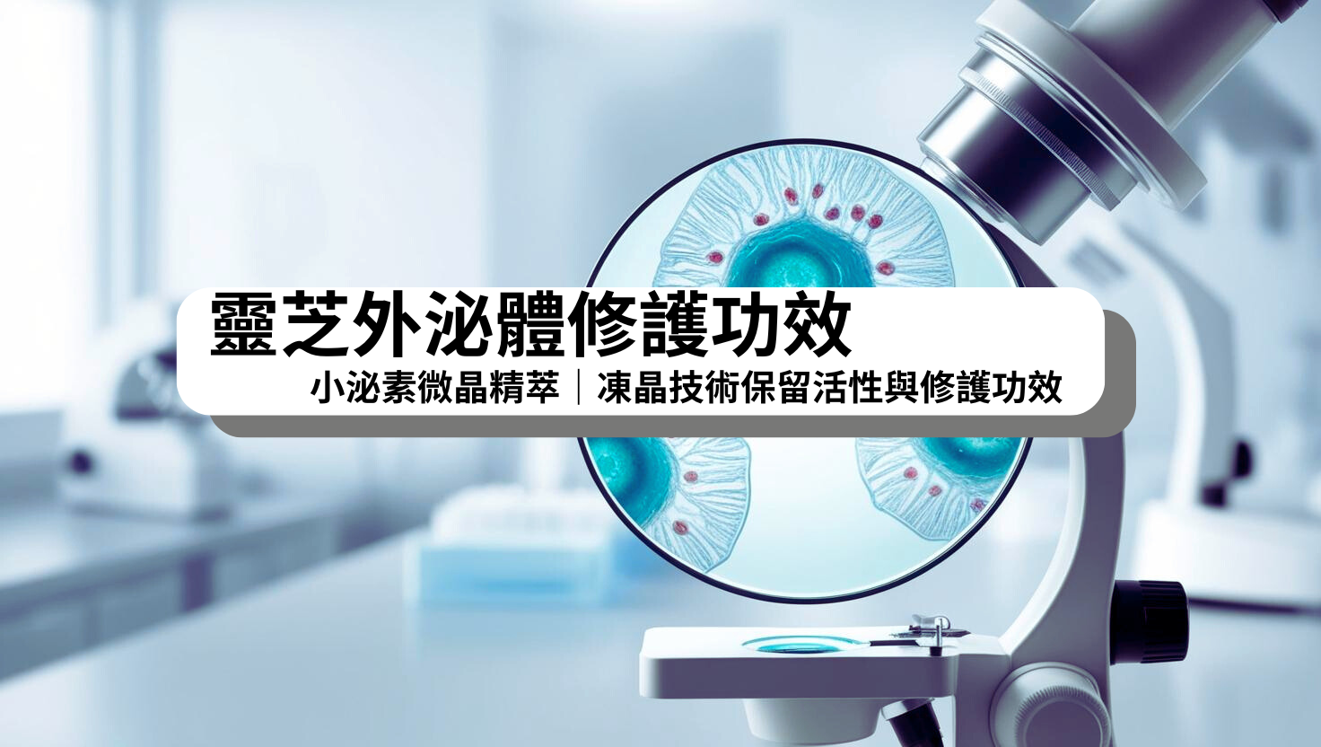 展示小泌素微晶精萃的凍晶粉末劑型與活性外泌體概念，突顯靈芝來源、真空乾燥技術及三重護膚功效的高機能保養特性