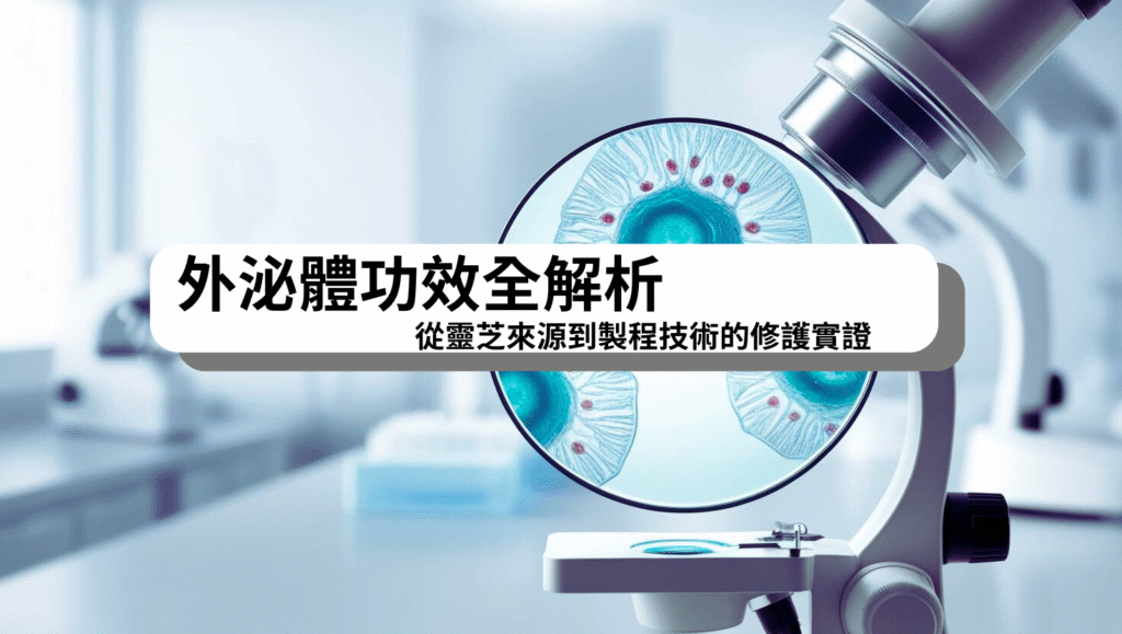 顯示外泌體與肌膚細胞互動的科學示意圖，強調靈芝來源外泌體在修護、抗老與抗炎方面的功效與製程優勢